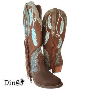 Dingo Dream Catcher Cowboy Boot Women's Sz 6M Brown Embroidered Feather Leather